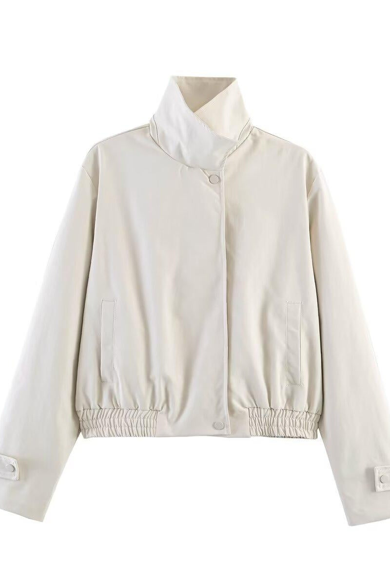 Katch Me Chic Women's Casual Solid Color Stand Collar Lightweight Trench Coat, Zipper & Button Windproof Outerwear for Spring & Fall, Wrinkle-Resistant Long Sleeve Bomber Jacket
