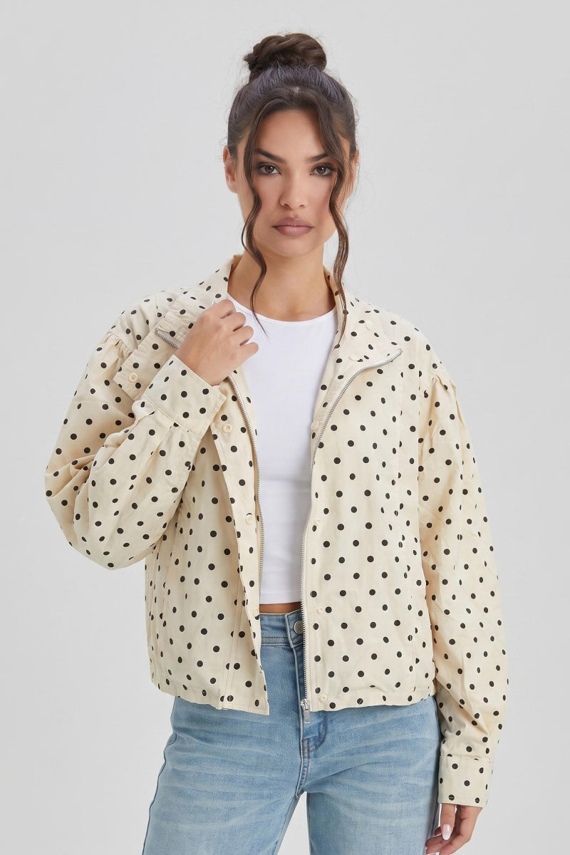 Katch Me Chic Women's Versatile Polka Dot Zipper Long Sleeve Jacket, Vintage Lightweight Skin-Friendly Cotton Outerwear, Durable Non-Shrinking Side Pocket Casual Coat, Spring Fall Travel Essential