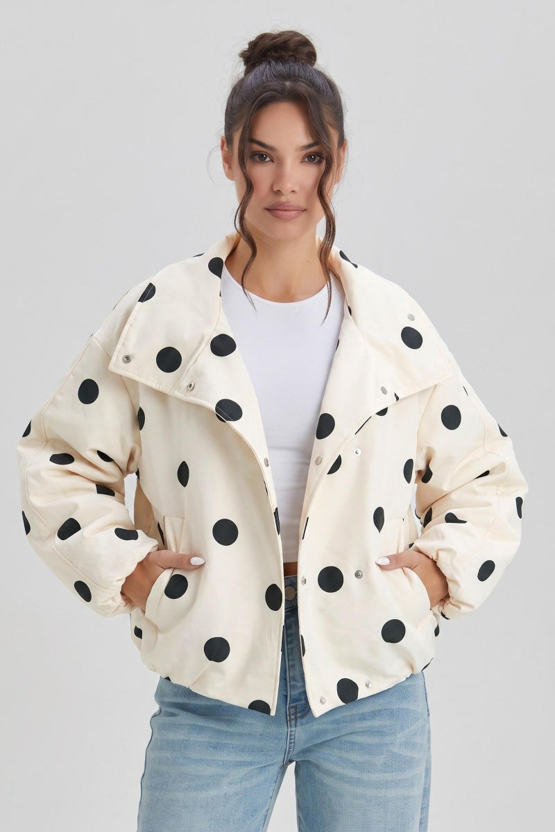 Katch Me Chic Women's Casual Polka Dot Double-Breasted Trench Coat, Versatile Stand Collar Stretch Hem Windproof Bomber Jacket, Durable Loose Outfits, Light Warmth Outerwear