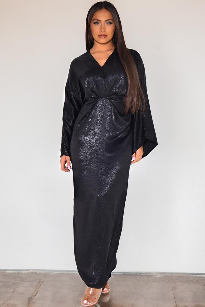 Katch Me Chic Women's Muslim Fashion Trendy V Neck Twisted Ruched Long Sleeve Iridescent Maxi Dress,Plain Thin Waist Dress for Spring & Summer,Classic Womenswear