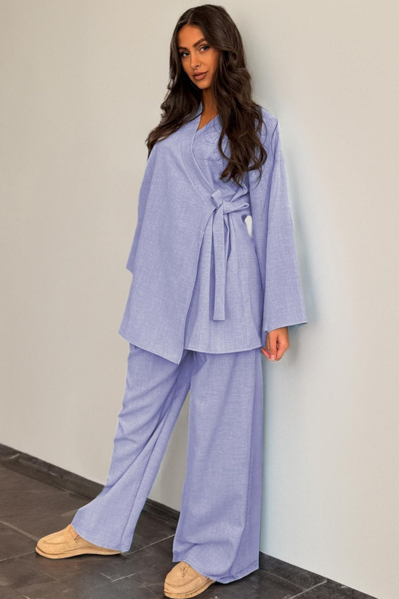 Katch Me Chic Women's Muslim Fashion Plain Trendy V Neck Long Sleeve Wrap Top & Wide Leg Trousers Co-ord,Comfort Basic Co-ord Set for Lady Spring & Fall,Minimalist Two Piece Outfits,Comfortable Womenswear