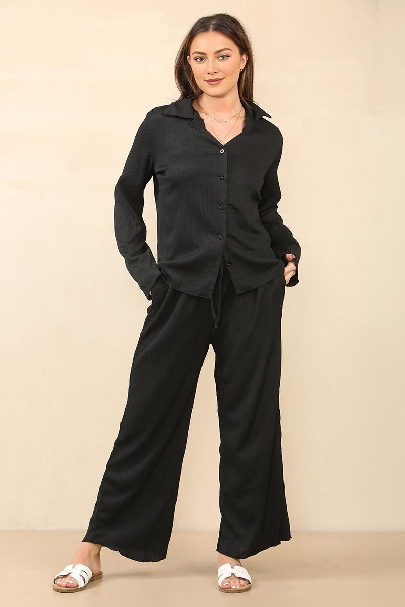 Katch Me Women's Collared Long Sleeve Blouse & Wide Leg Trousers Co-ord