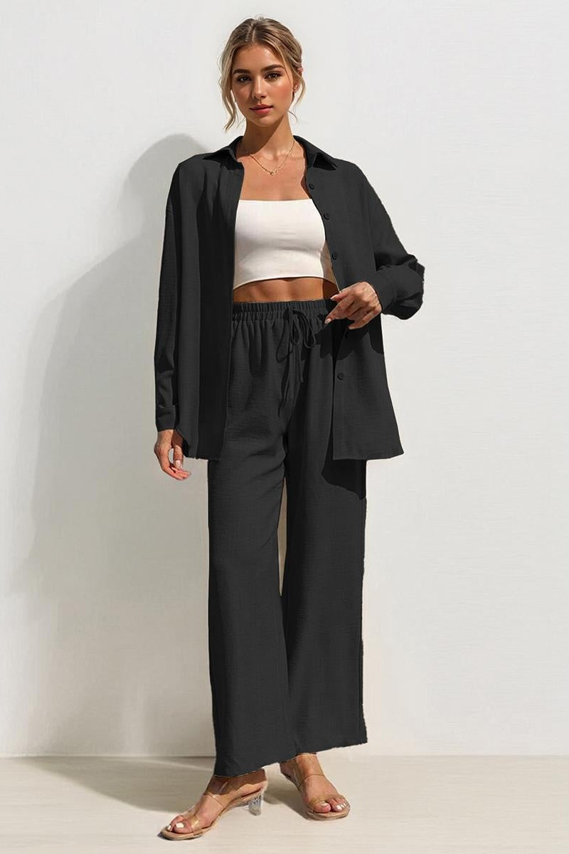 Katch Me Chic Women's Versatile Collared Button-Up Loose Shirt & Drawstring Waist Wide Leg Trousers Co-ord, Basic Two Piece Outfits, Comfortable Womenswear