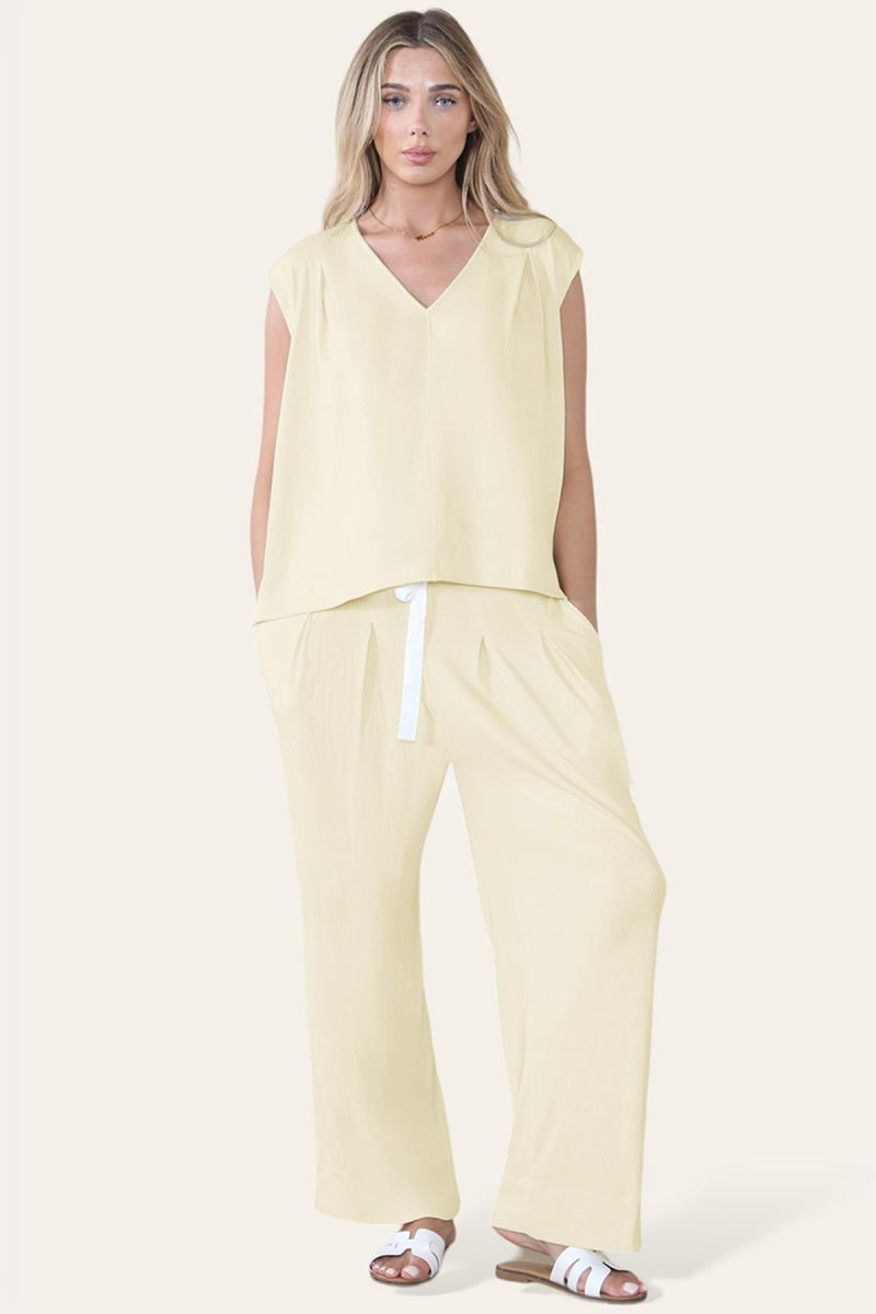 Katch Me Chic Women's Minimalist V Neck Sleeveless Oversize Top & Elastic Waist Drawstring Wide Leg Trousers Co-ord,Basic Two Piece Outfits,Plain Womenswear