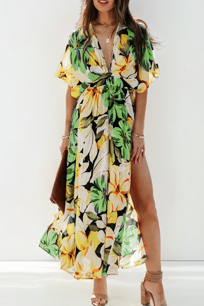 Katch Me Chic Women's Vibrant Floral Print V-Neck Batwing Sleeve Side Split Lightweight Maxi Dress, Summer Cinched Waist Holiday Dresses, Comfort Outfit for Beach