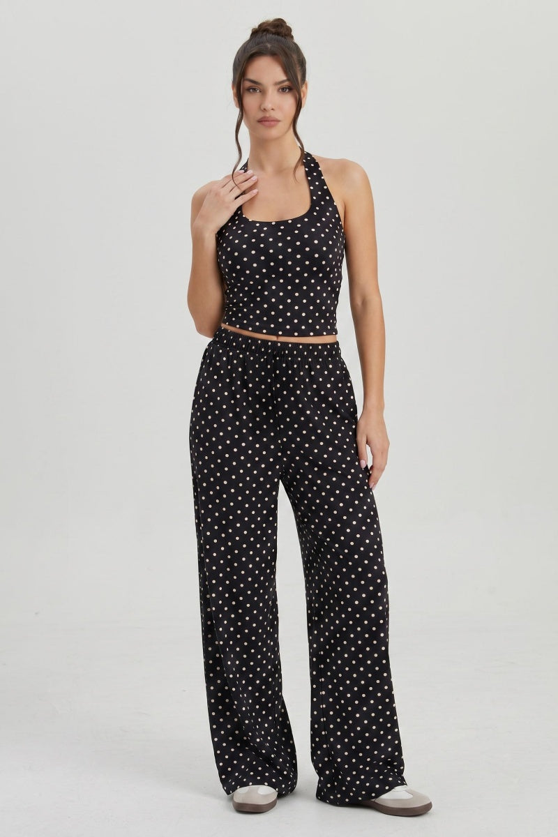 Katch Me Chic Women's Polka Dot Adjustable Halter Crop Top & Drawstring Waist Wide Leg Trousers Co-ord, Lightweight Pill-Resistant   2-Piece Set, Skin-Friendly, Flexible   Summer   Going Out Outfit