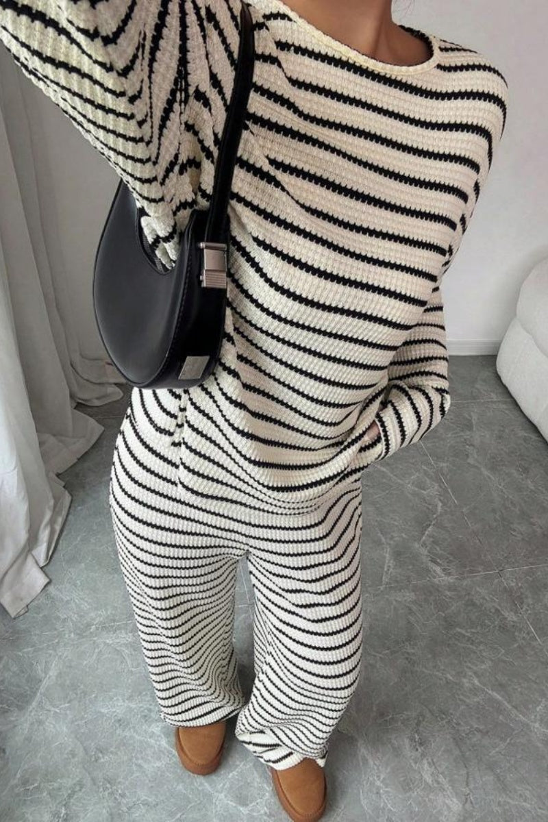Katch Me Chic Women's Minimalist Stripe Long Sleeve Top & Wide Leg Trousers Co-ord, Airy & Stretchy Loose Two Piece Sets for Spring & Fall, Breathable Wrinkle-Resistant Matching Set