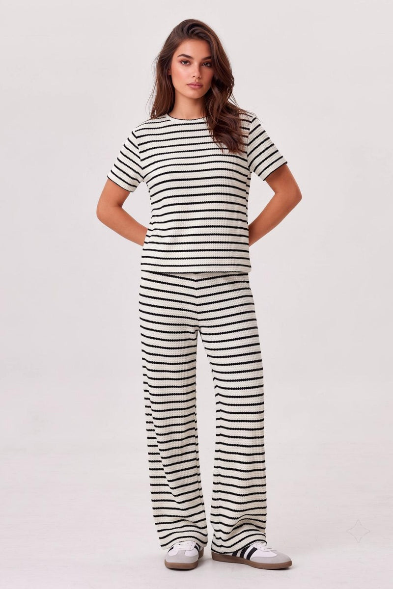 Katch Me Chic Women's 2-Piece Striped Short Sleeve Top & Wide Leg Trousers Co-ord Set, Wrinkle-Resistant Breathable Fabric, Soft Drapable Loose Daily Outfit for Spring & Summer