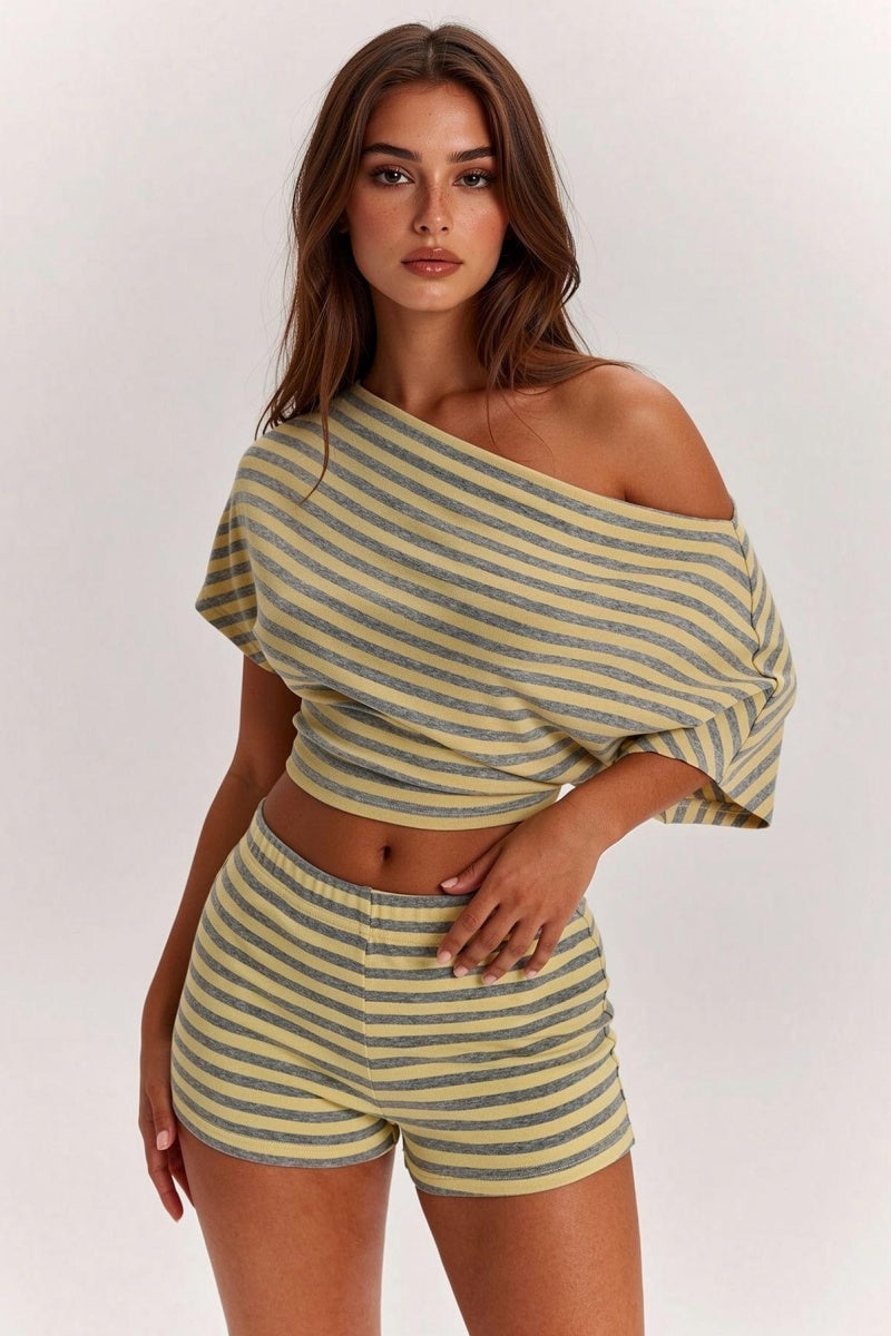 Katch Me Chic Women's Striped Sloping Shoulder Crop Top & Hip-Lifting Shorts Co-ord, Breathable Moisture-Wicking, Figure Flattering 2-Piece Set, Soft Cinched Waist Daily Outfit
