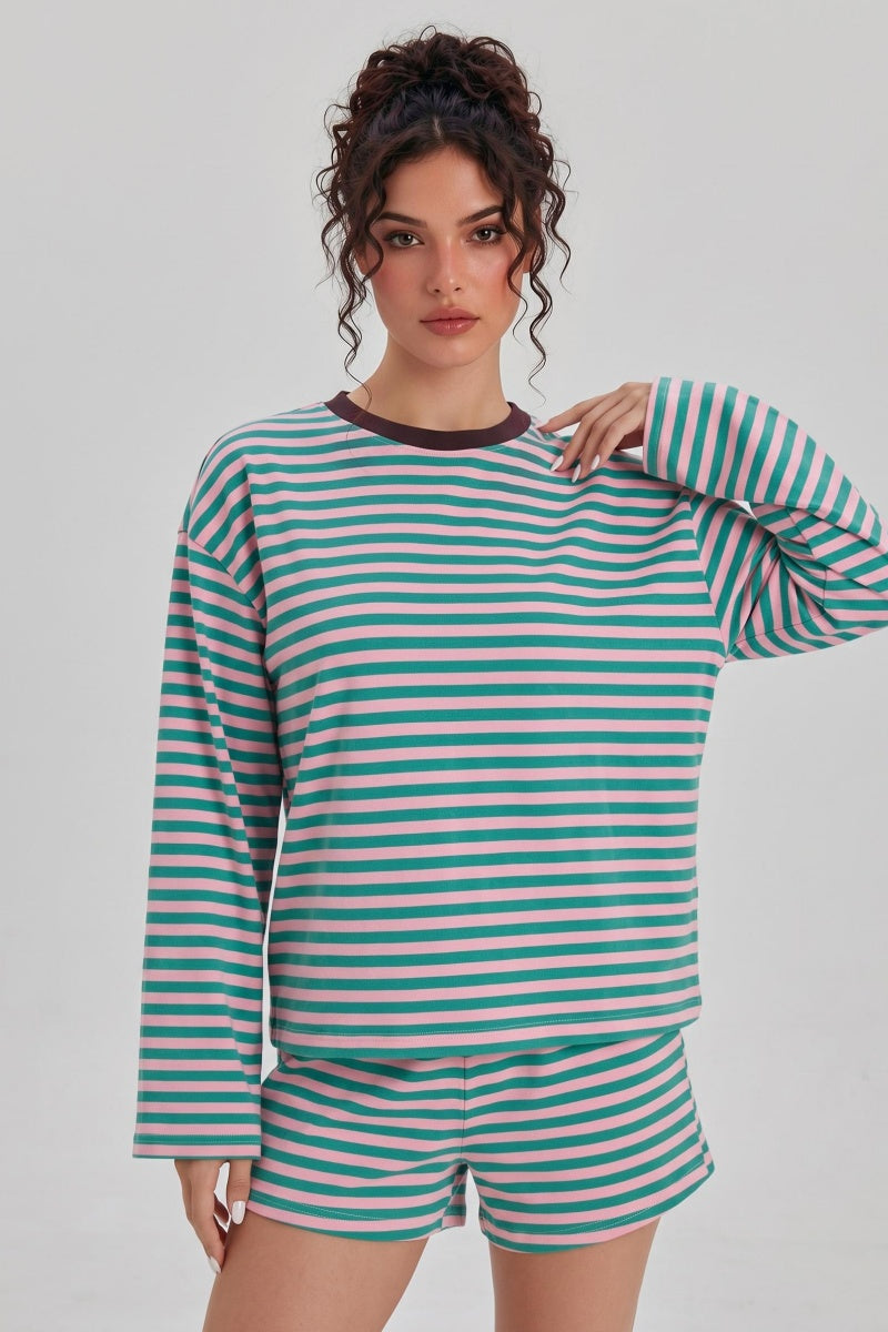 Katch Me ChicWomen's Casual Striped Long Sleeve Top & Shorts Co-ord, Lightweight Moisture-Wicking Loose 2-Piece Set, Soft Crew Neck High Stretch Pill-Resistant Matching Outfit