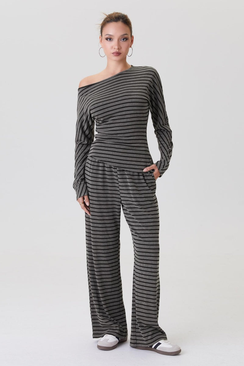 Katch Me Chic Women's Casual Sloping Shoulder Bold Stripe Long Sleeve Top & Drawstring Waist Loose Trousers Co-ord, Striped Lounge Set, Comfort Two Piece Outfits
