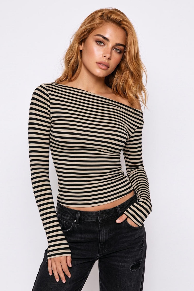 Katch Me Chic Women's Casual Striped Sloping Shoulder Long Sleeve Top, Stretchy Flattering Breathable Daily Wear, Lightweight Skin-Friendly Going Out Outfit