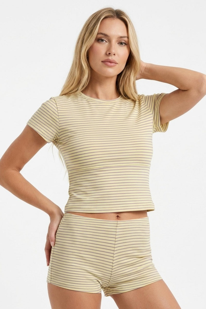 Katch Me Chic Women's Minimalist Round Neck Stripe Short Sleeve Breathable Crop Top & Shorts Co-ord, Simple Style Stretchy Soft Two Piece Outfits, Comfortable Daily Wear