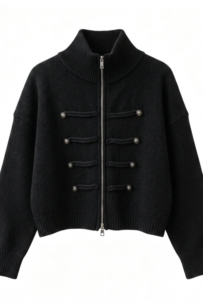 Katch Me Chic Women's Napoleon Military Band Style Double Zipper Cropped Knit Cardigan, Slouchy Mock Neck Metal Button Decor Sweater Jacket, Cozy Warm Pill-Resistant Long Sleeve Outerwear for Fall & Winter