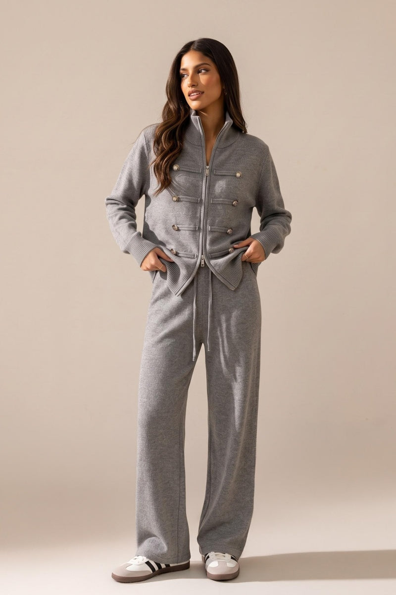 KATCH ME Women's Double Zipper Knit Cardigan & Wide Leg Trousers Co-ord Set