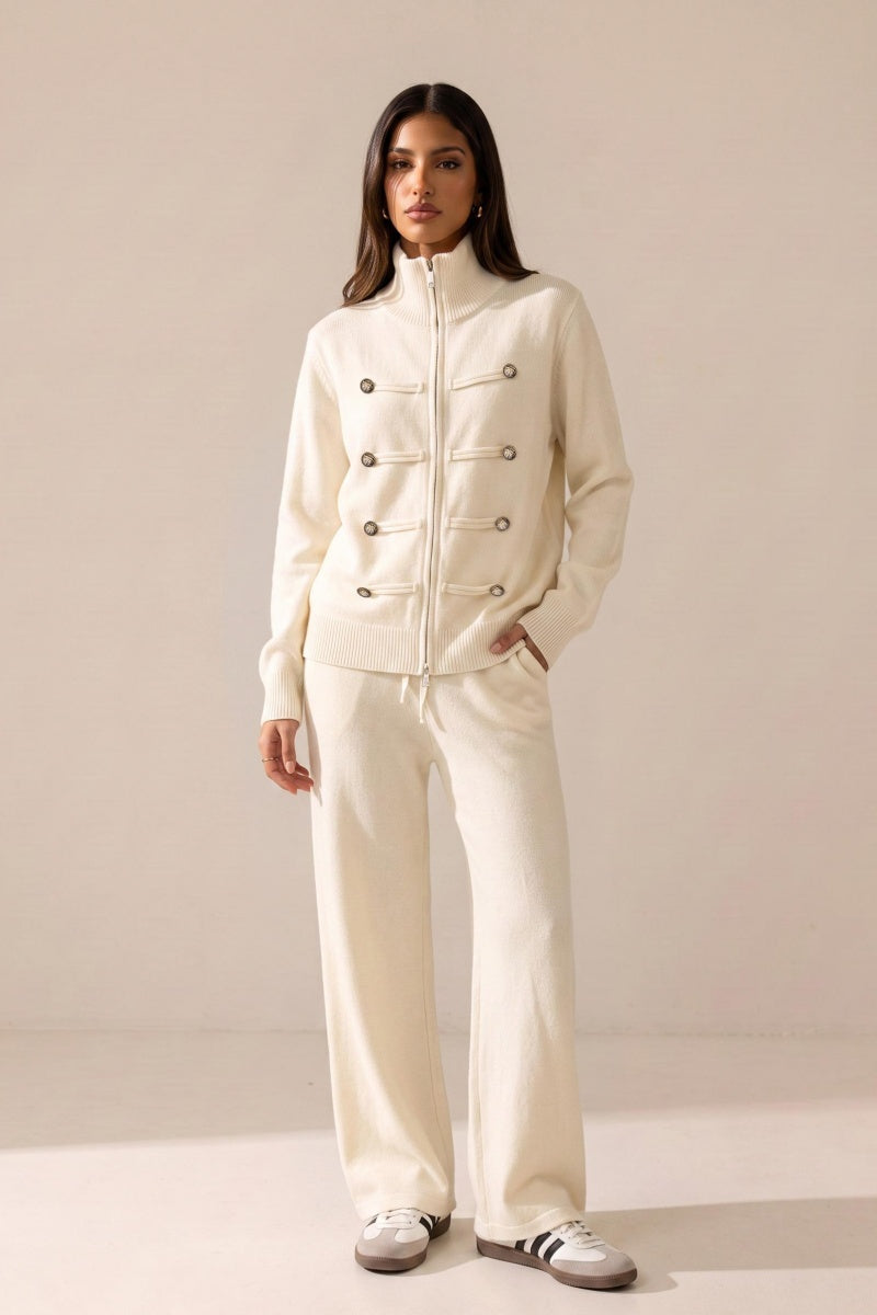 Katch Me Chic Women's Slouchy Double Zipper Knit Cardigan & Wide Leg Trousers Co-ord, Retro Napoleon Military Band Style Mock Neck Matching Set, Cozy Pill-Resistant Relaxed Sweater Two Piece Outfit