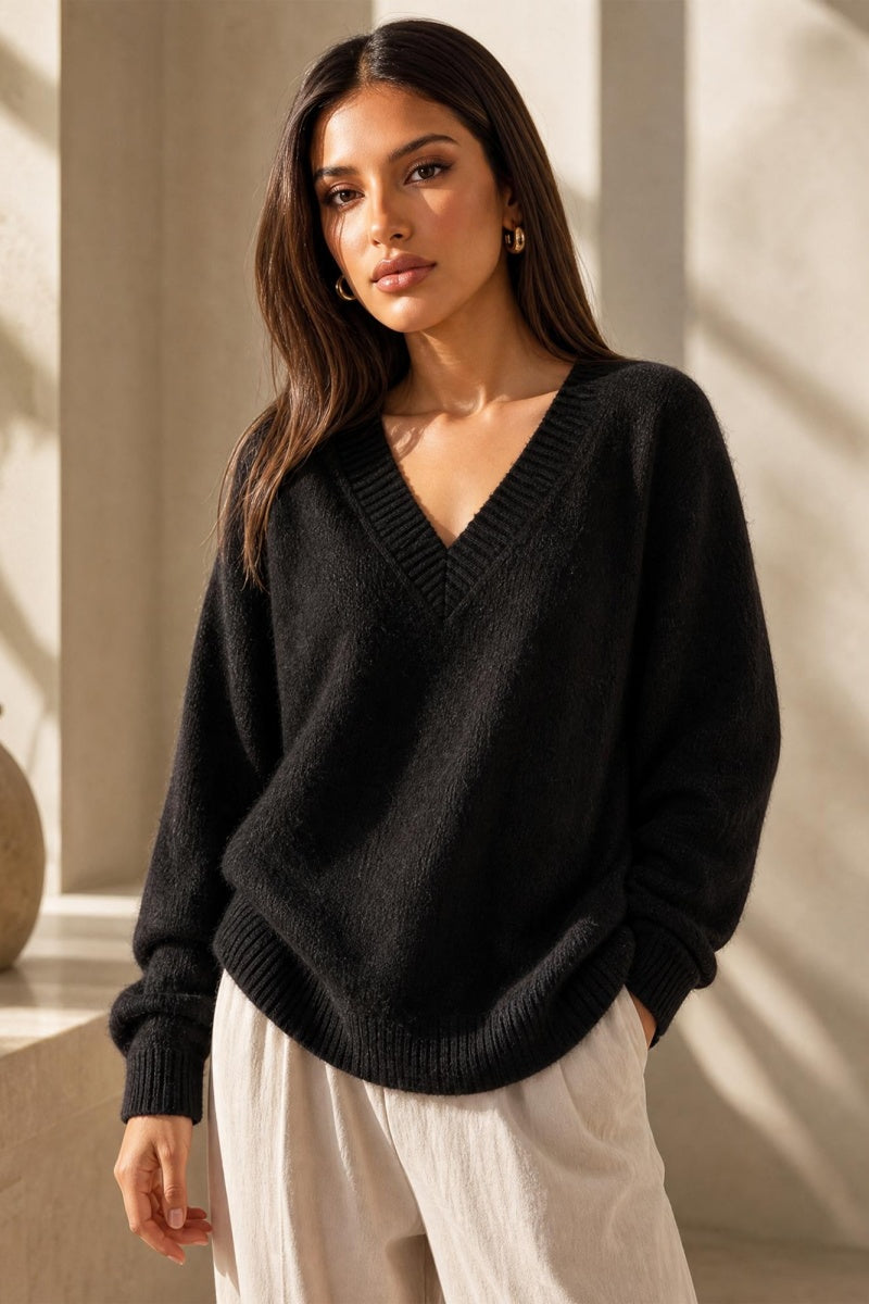 Katch Me Women's V-Neck Fuzzy Loose Knit Sweater