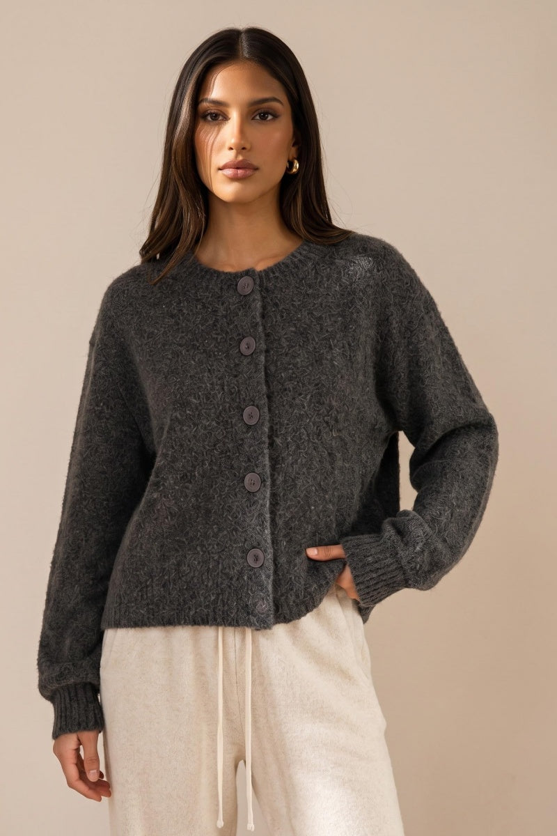 Katch Me Women's Button-Up Fuzzy Cropped Knit Cardigan