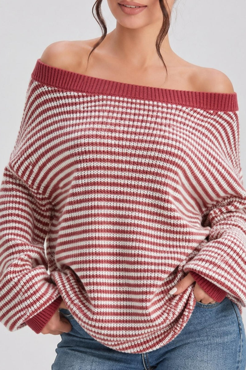 Katch Me Women's Striped Off-Shoulder Balloon Sleeve Knit Sweater