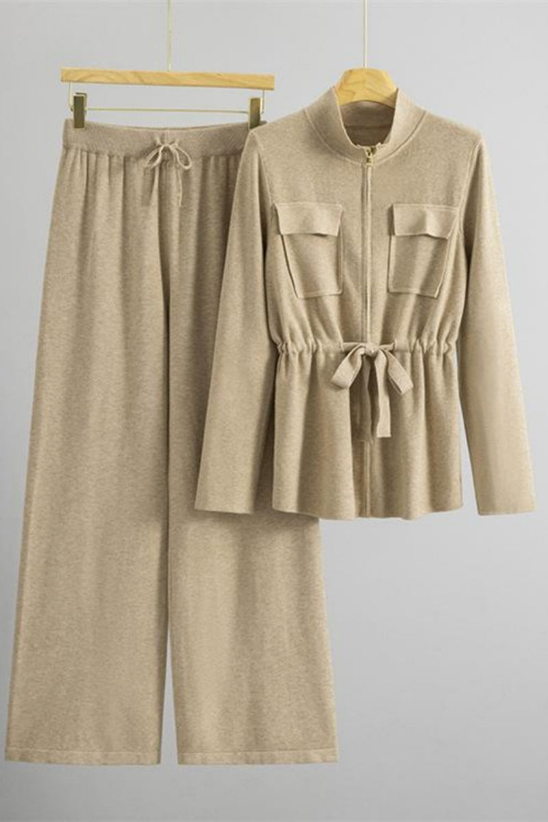 Katch Me Women's Waist Tie Knit Top & Wide Leg Trousers Co-ord Set
