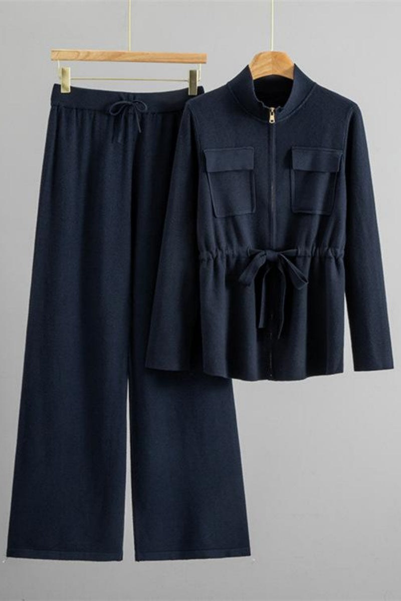 Katch Me Women's Waist Tie Knit Top & Wide Leg Trousers Co-ord Set
