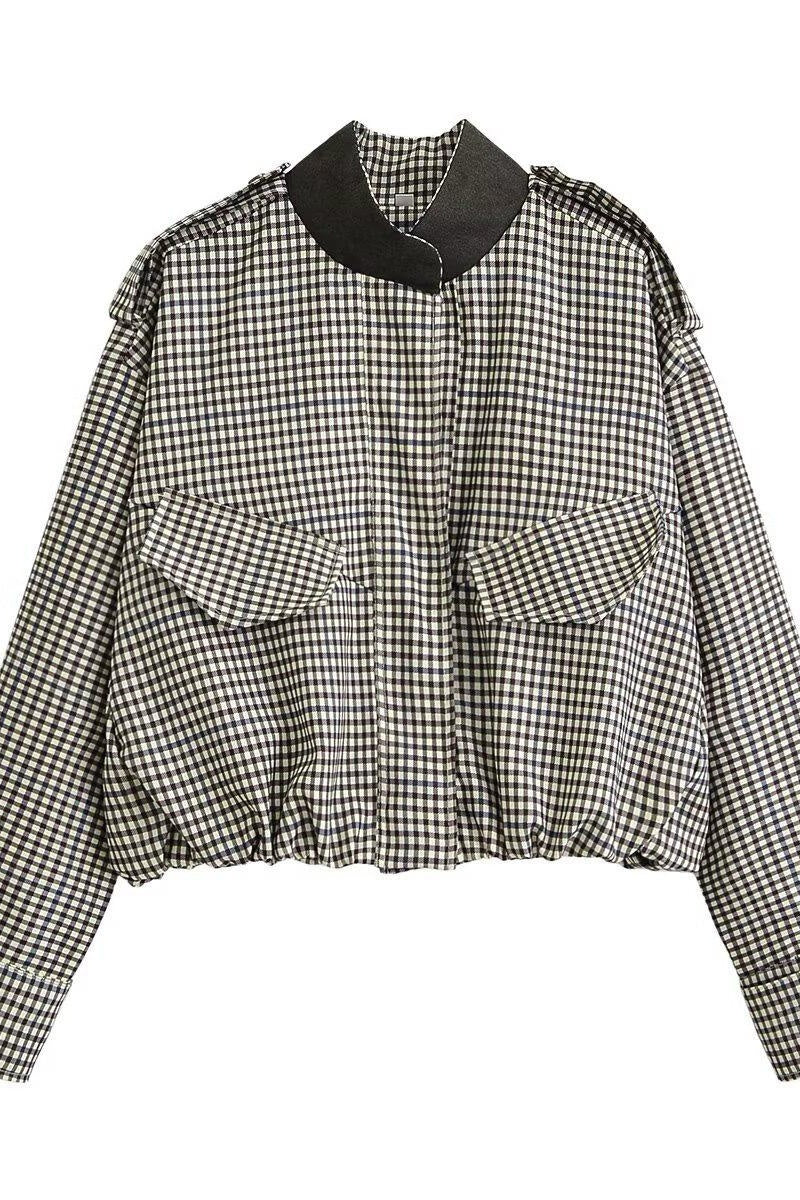 Katch Me Women's Plaid Stand Collar Button Bomber Jacket
