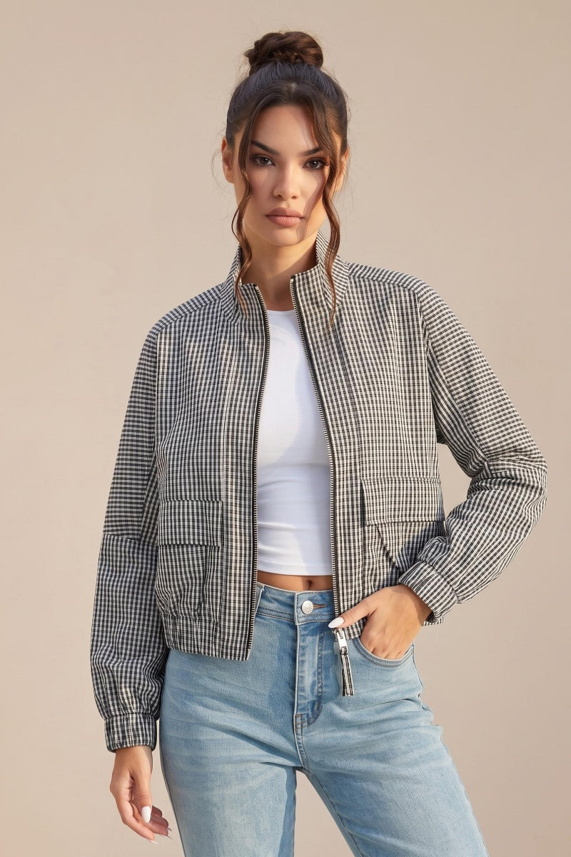 KATCH ME Classic Plaid Collared Zip-Up Jacket