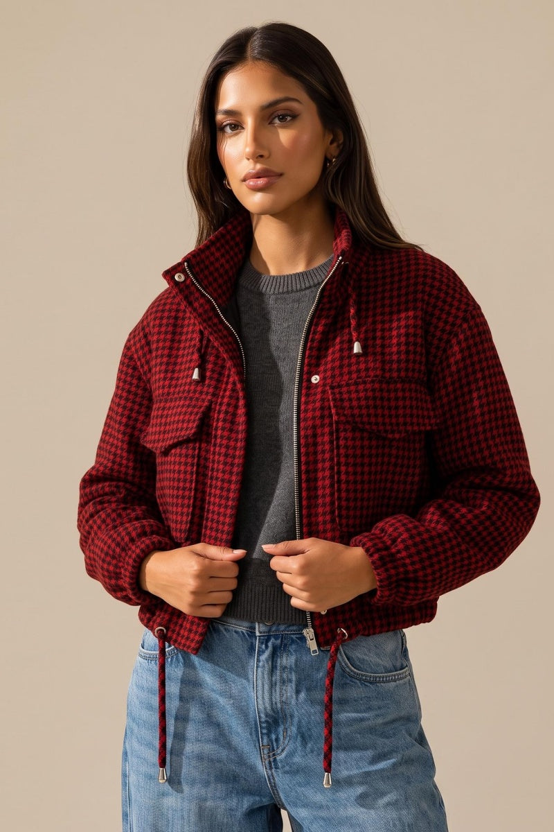 KATCH ME Plaid Stand Collar Cropped Jacket