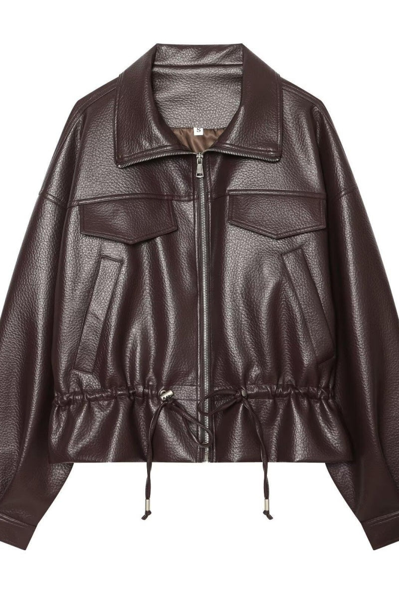 KATCH ME Stand Collar Faux Leather Bomber Jacket