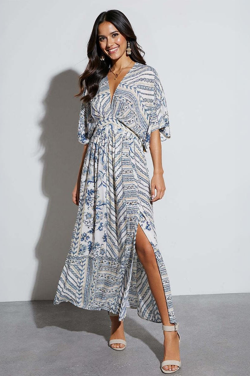 KATCH ME Print Batwing Sleeve Slit Maxi Dress