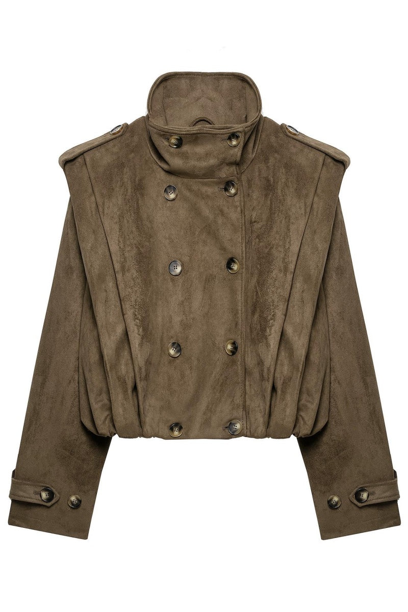 KATCH ME Double Breasted Faux Suede Bomber Jacket