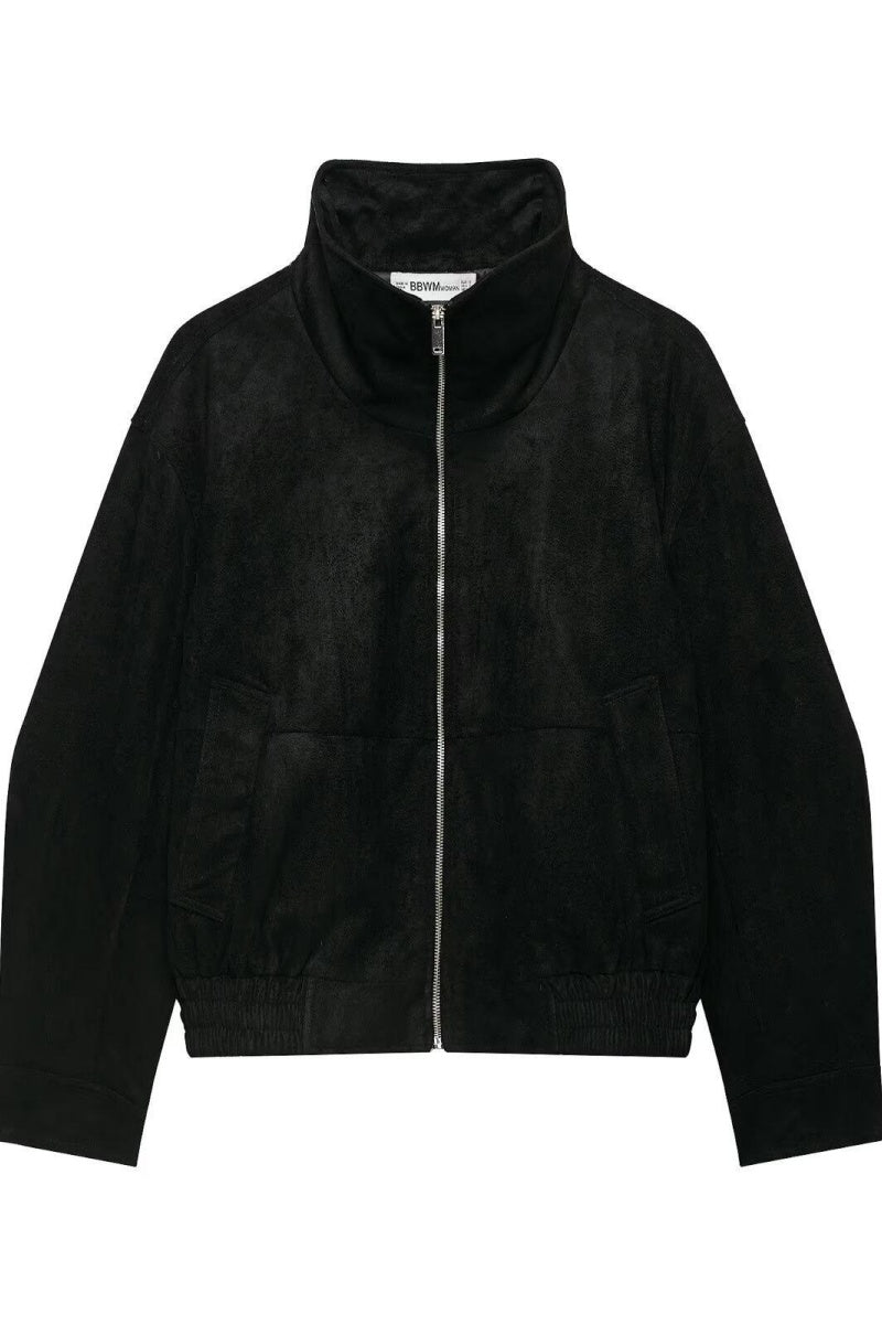 KATCH ME Vintage Stand Collar Faux Suede Bomber