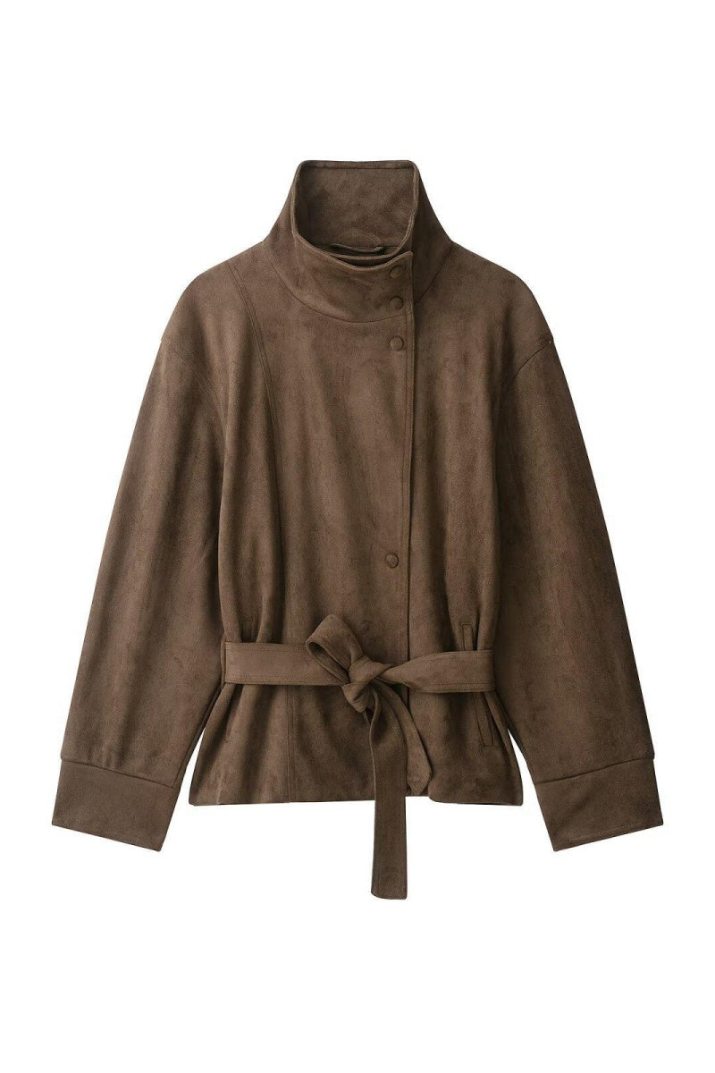 KATCH ME Retro Faux Suede Lace-Up Stand Collar Coat