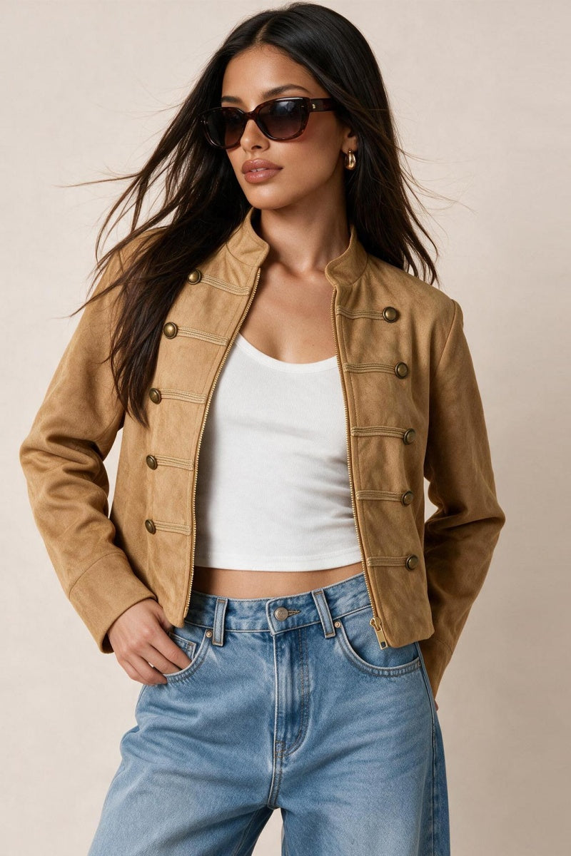 KATCH ME Vintage Faux Suede Military Bomber Jacket