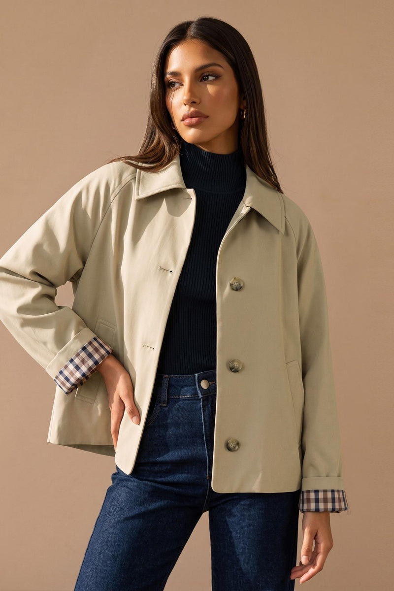 KATCH ME Lapel Collar Cropped Windproof Plaid Coat