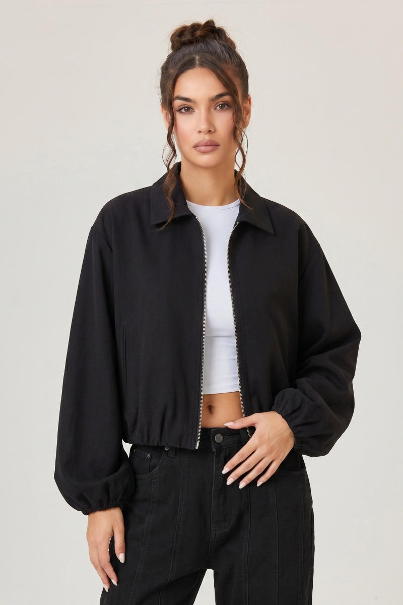 KATCH ME Collared Zipper Cropped Trench Coat Jacket