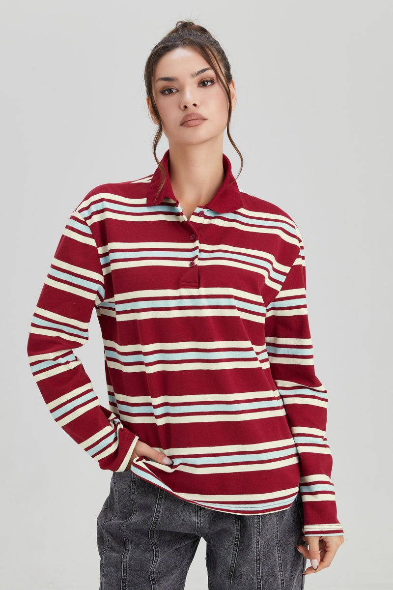 KATCH ME Stripe Partial Button Long Sleeve Polo Shirt
