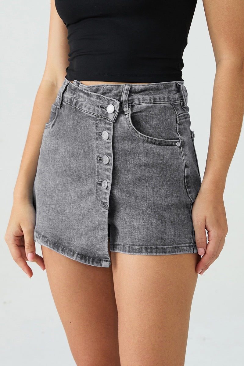 KATCH ME Womens Asymmetric Button Denim Skorts with Pockets