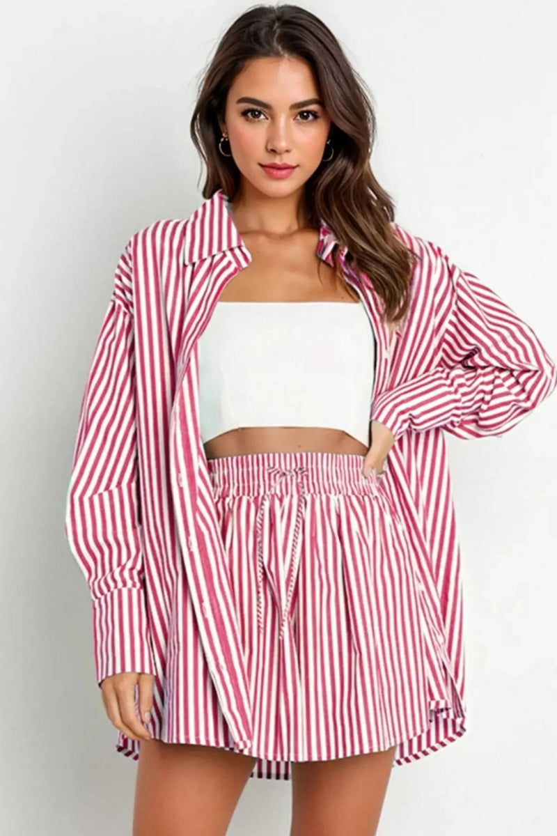 KATCH ME Womens Striped Long Sleeve Shirt Drawstring Shorts Set