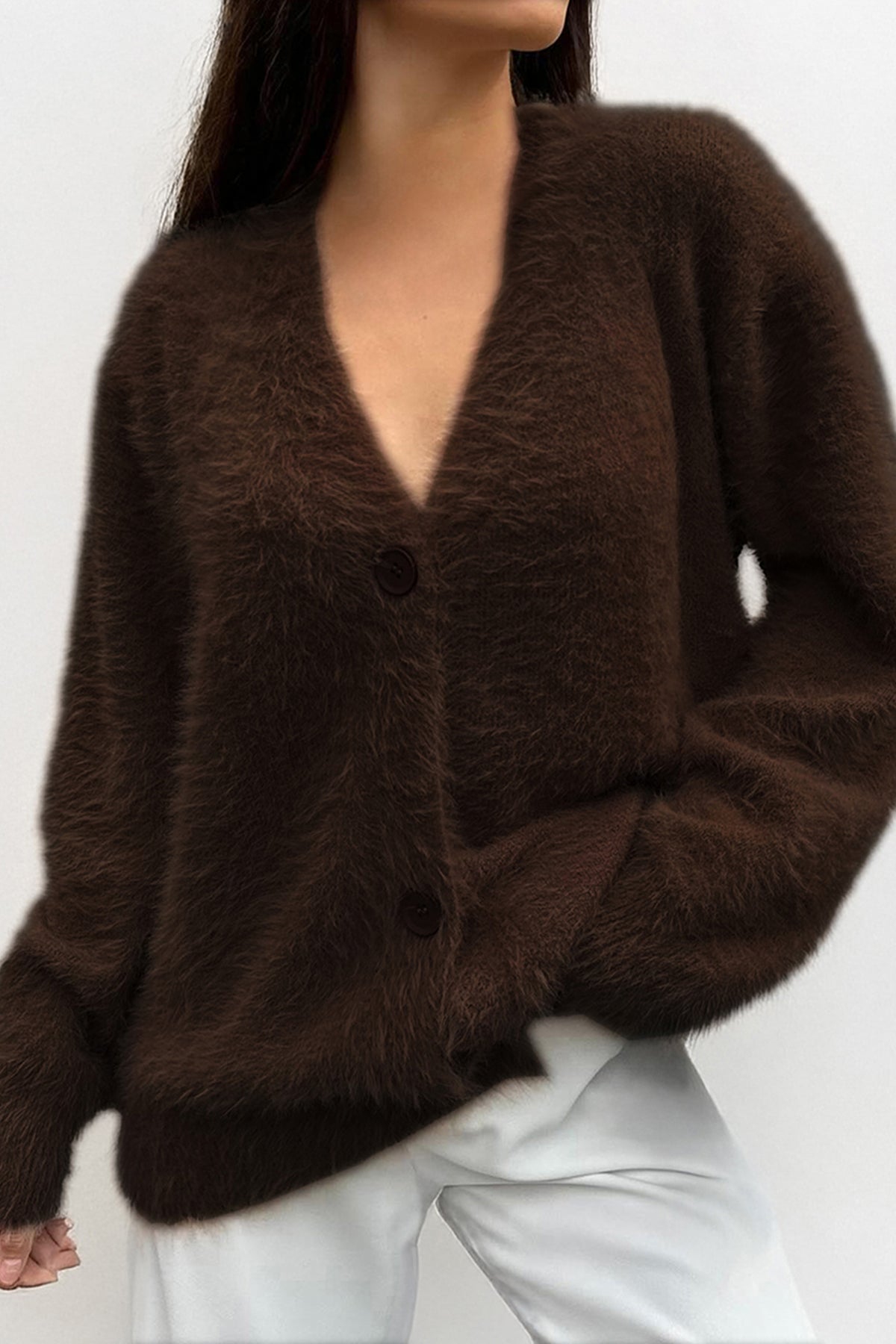 KATCH ME Womens V Neck Faux Fur Button Up Loose Slouchy Cardigan