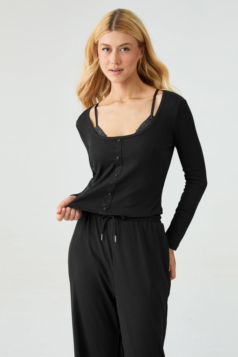 KATCH ME Womens U Neck Long Sleeve Top Camisole Trousers Set