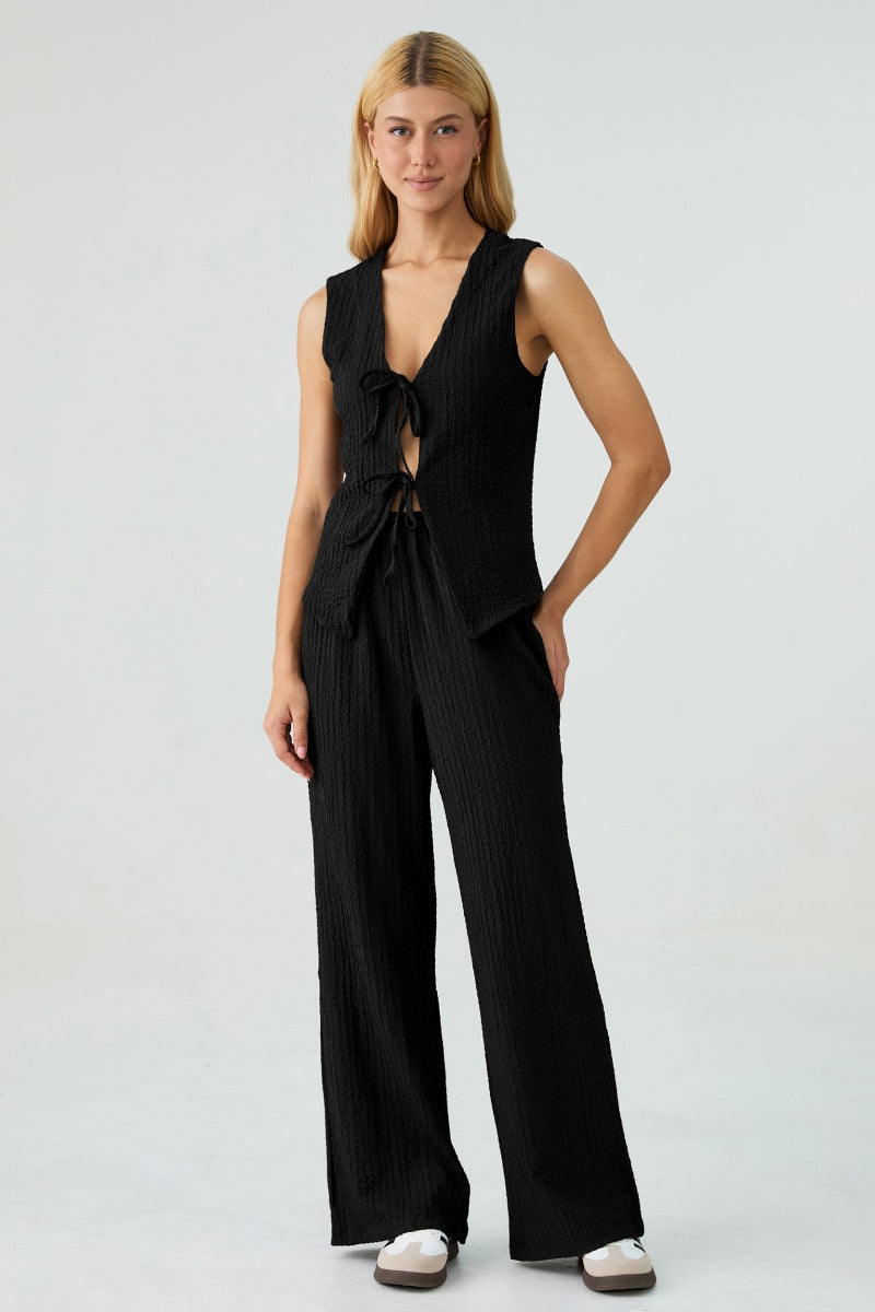 KATCH ME Womens Front Tie Tank Top Textured Wide Leg Trousers Set