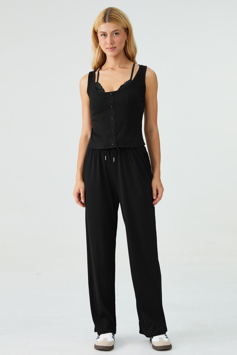 KATCH ME Womens U Neck Tank Camisole Wide Leg Pants 3 Piece Set