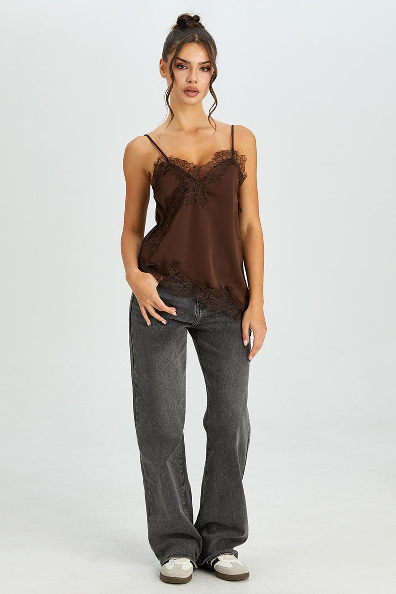 KATCH ME Womens Chic Lace Thin Strap Sloping Hemline Top