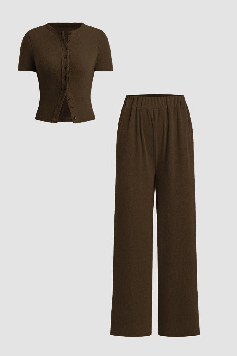 KATCH ME Womens Button Up Short Sleeve Top Wide Leg Trousers Set