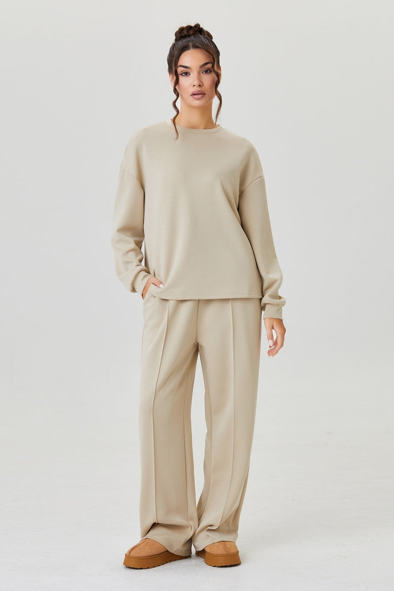 KatchMe Women's Casual Solid Color Long Sleeve Top & Exposed Stitches Trousers Co-ord, Round Neck Top & Wide Leg Trousers Two Piece Sets, Loose Womenswear