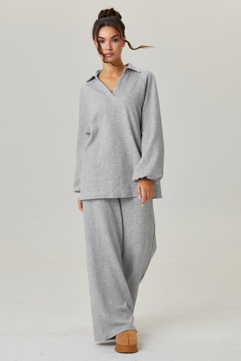 KATCH ME Womens V Neck Textured Pullover Wide Leg Trousers Set