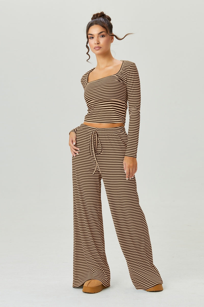 KatchMe Women's Leisure Square Neck Stripe Long Sleeve Crop Top & Low-Rise Wide Leg Trousers Co-ord, Casual Two Piece Outfits, Going Out Matching Set