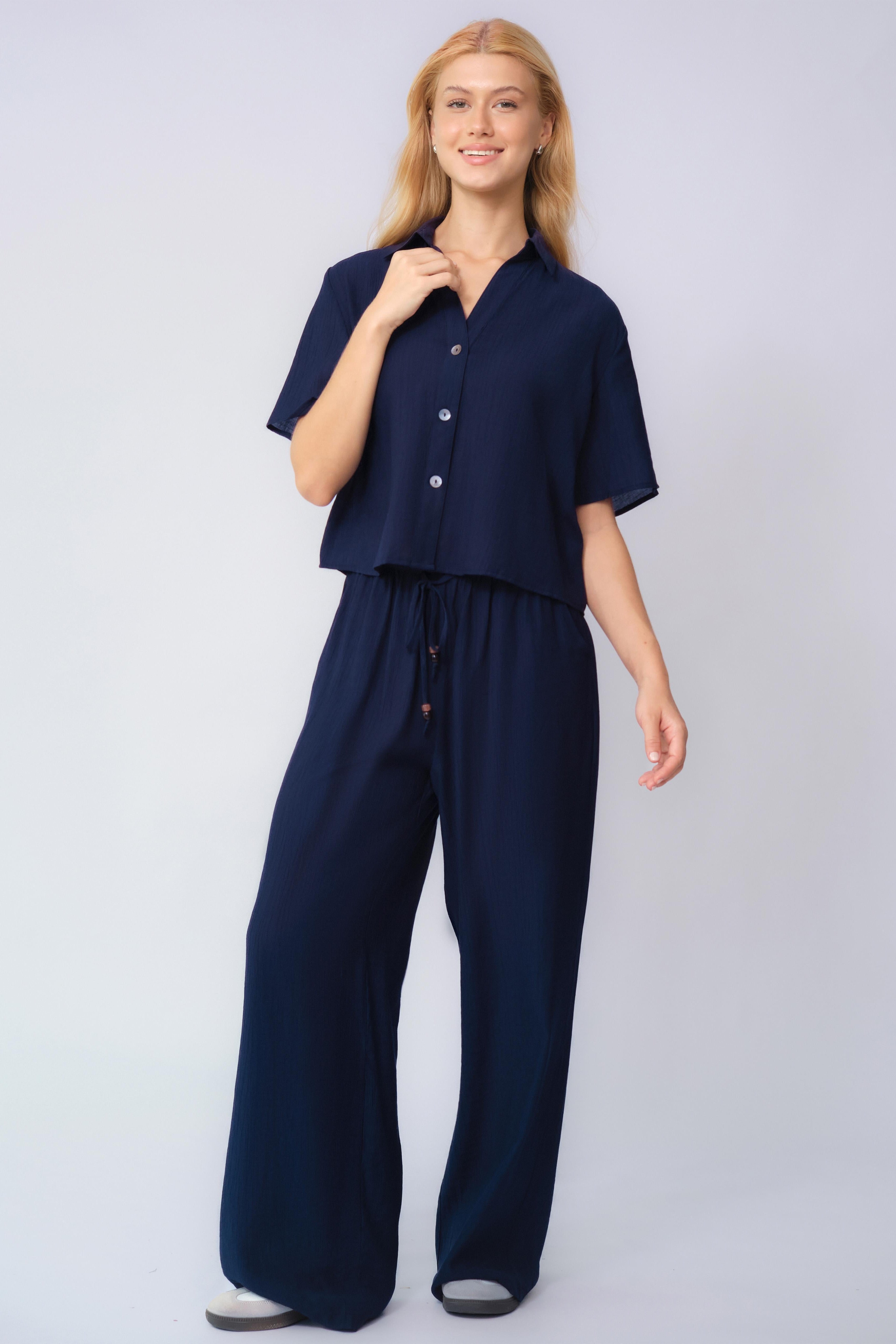 KATCH ME Womens Collared Button Loose Pants Set