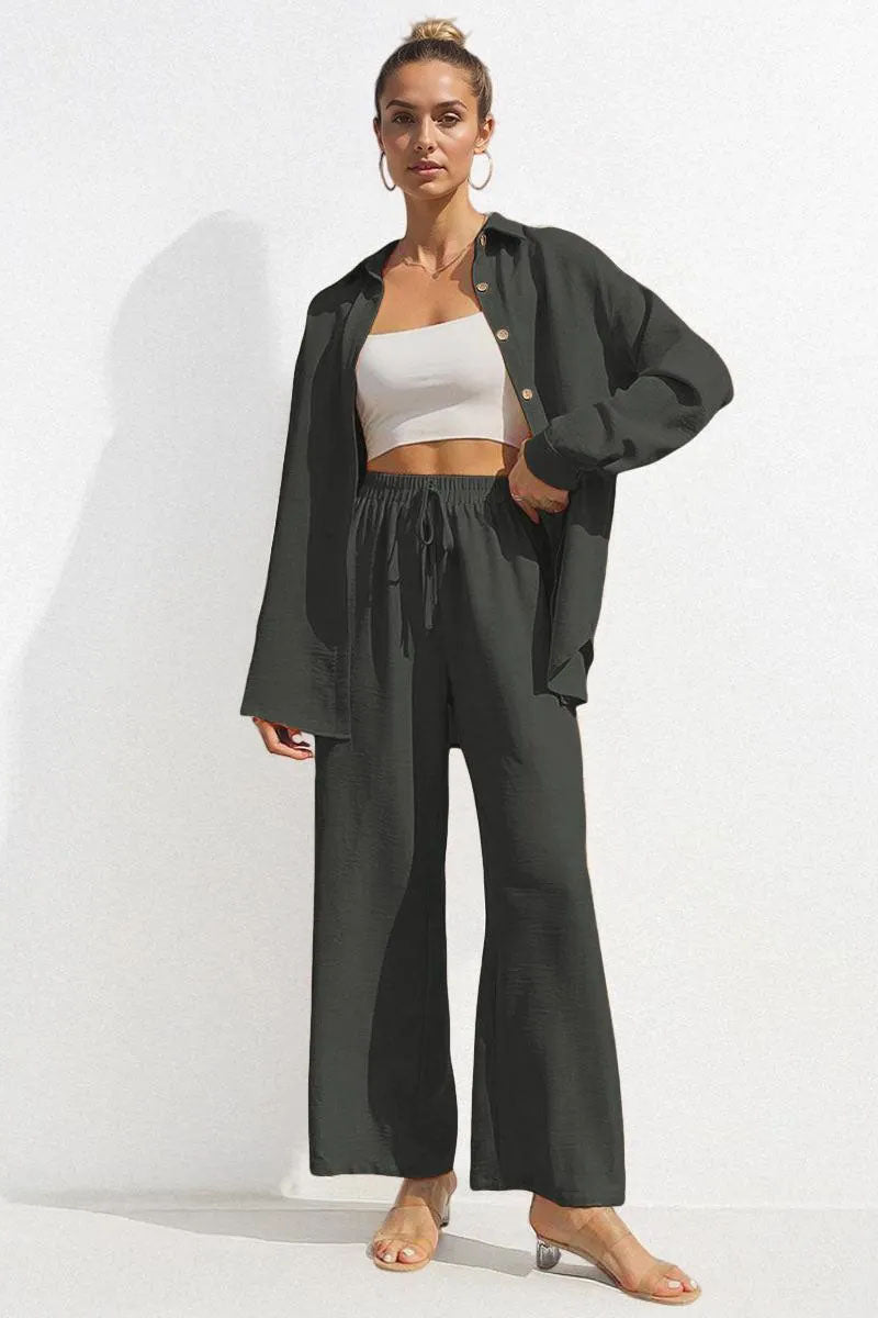 KATCH ME Womens Collared Long Sleeve Shirt Wide Leg Trousers Set